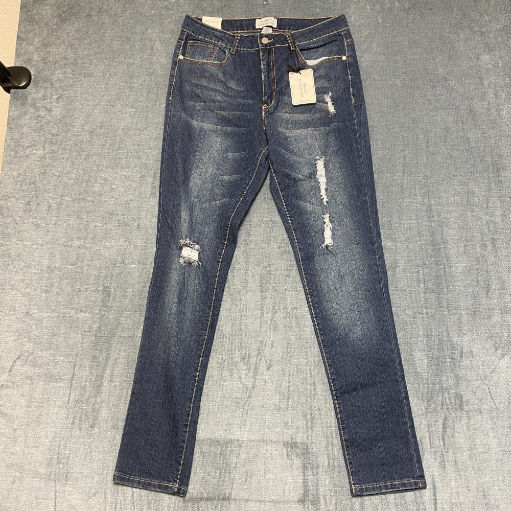 Trendy Collection Jeans Women 12 Blue Denim Cotton Distressed Zip Fly Skinny Leg